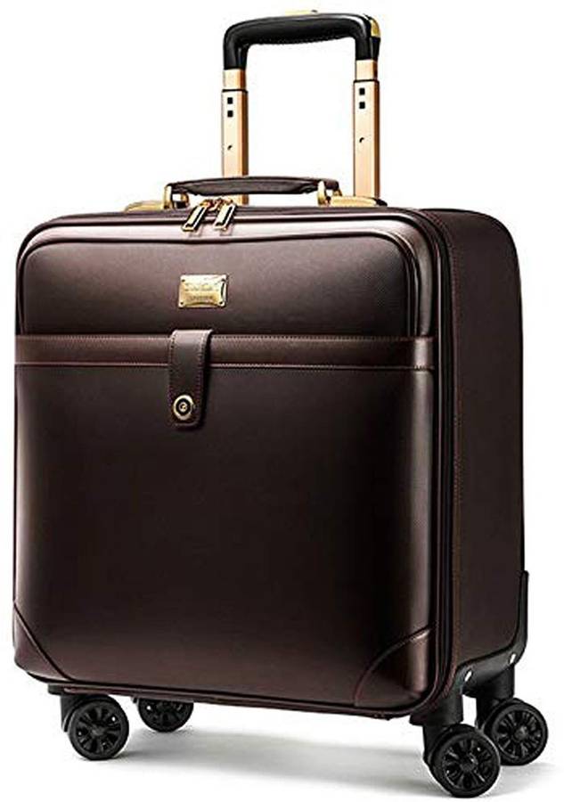 Small Cabin Luggage (19 inch) - Luxury Unisex Faux Leather 4 Wheel Travel Luggage Suitcase and Laptop Roller Case - Rich Brown - Brown