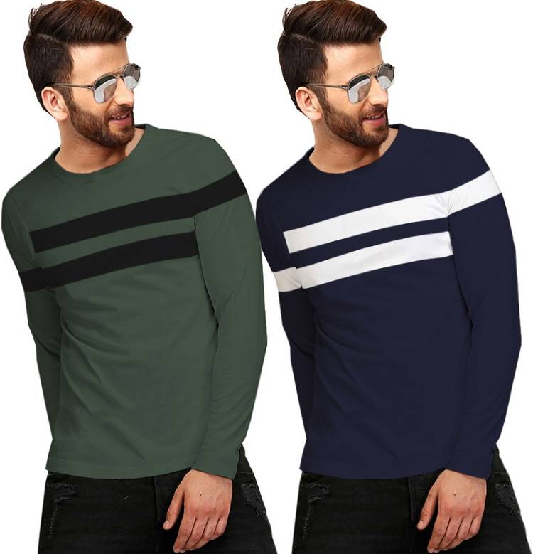 Color Block Men Round Neck Dark Green, Black, Dark Blue, White T-Shirt