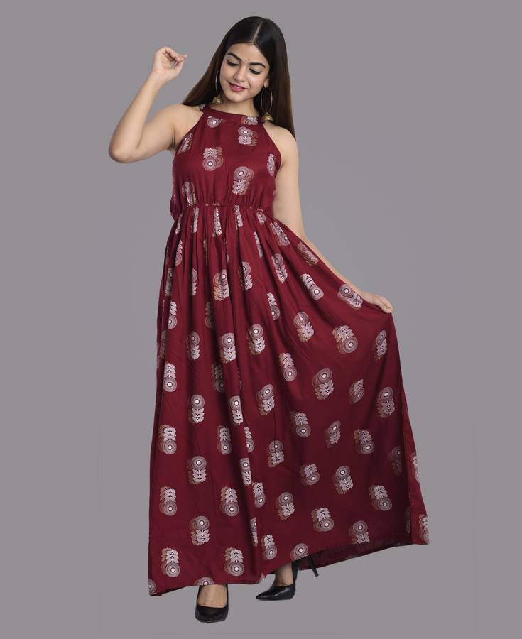 Women Maxi Maroon, White Dress