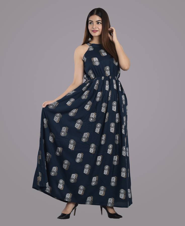 Women Maxi Dark Blue, White Dress