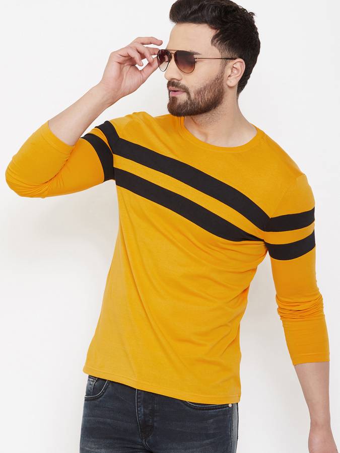 Striped Men Round Neck Yellow, Black T-Shirt
