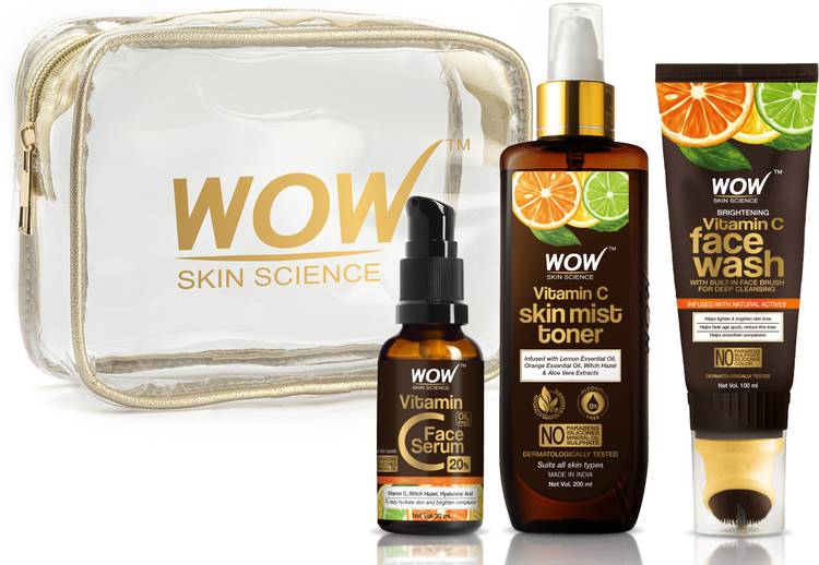 WOW SKIN SCIENCE Radiance Booster Travel Essentials with Vitamin C Serum + Vitamin C Mist Toner + Vitamin C Foaming Face Wash GEL with Built-In Face Brush