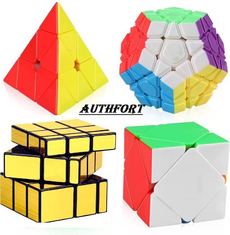 Authfort Speed Cube Bundle Pyramid, Squire, Megaminx, Gold mirror cube set of 4 combo