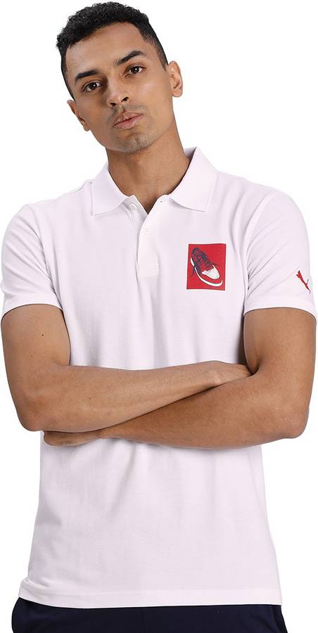 Graphic Print Men Polo Neck White T-Shirt