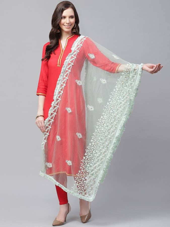 Net Embroidered Light Green Women Dupatta