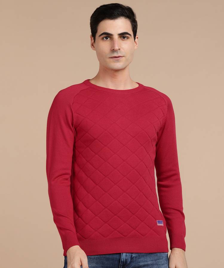 Self Design Round Neck Casual Men Red Sweater