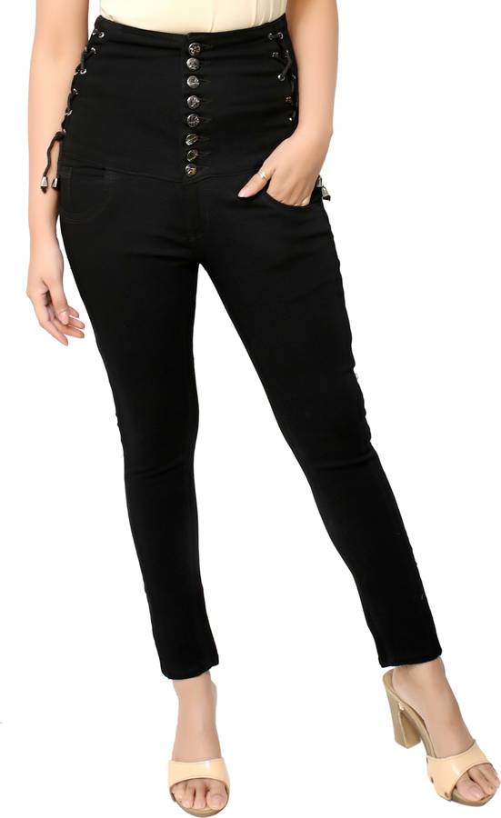 8 Button Stretchable Ankle Length Plain Denim Lycra Slim Women Black Jeans