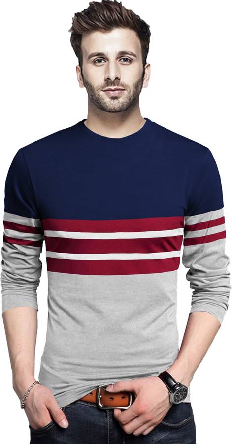 Striped Men Round Neck Dark Blue, Grey T-Shirt Price in India