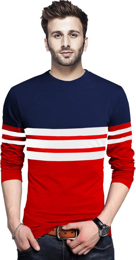 Striped Men Round Neck Dark Blue, Red T-Shirt Price in India