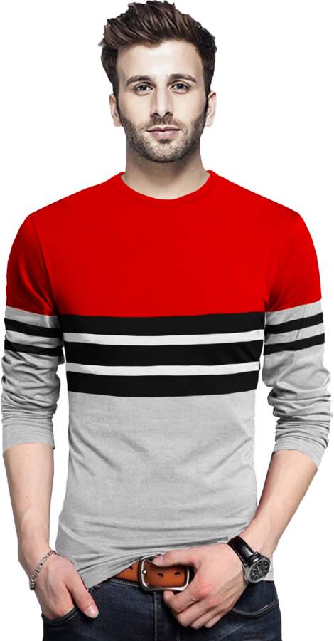 Striped Men Round Neck Red, Grey T-Shirt Price in India