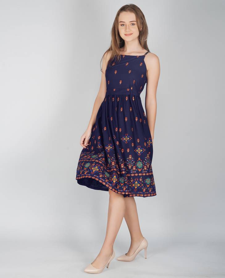 Women Gathered Dark Blue Dress