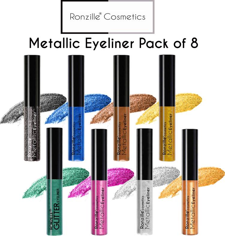 RONZILLE Combo of 8 Waterproof shimmer Metallic Glitter Eyeliner ( Silver, Blue, Gold, Green, Rosegold, Pink, Black, Brown) 15 ml Price in India