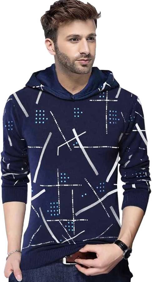 Printed Men Hooded Neck Dark Blue T-Shirt Price in India