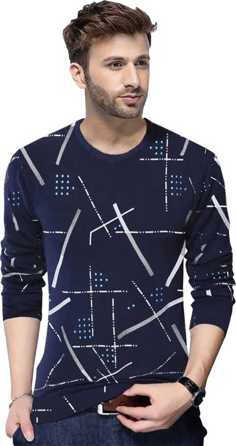 Printed Men Round Neck Dark Blue T-Shirt Price in India