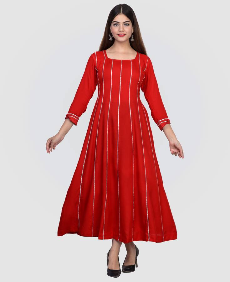 Women Ethnic Dress Red, Silver Dress