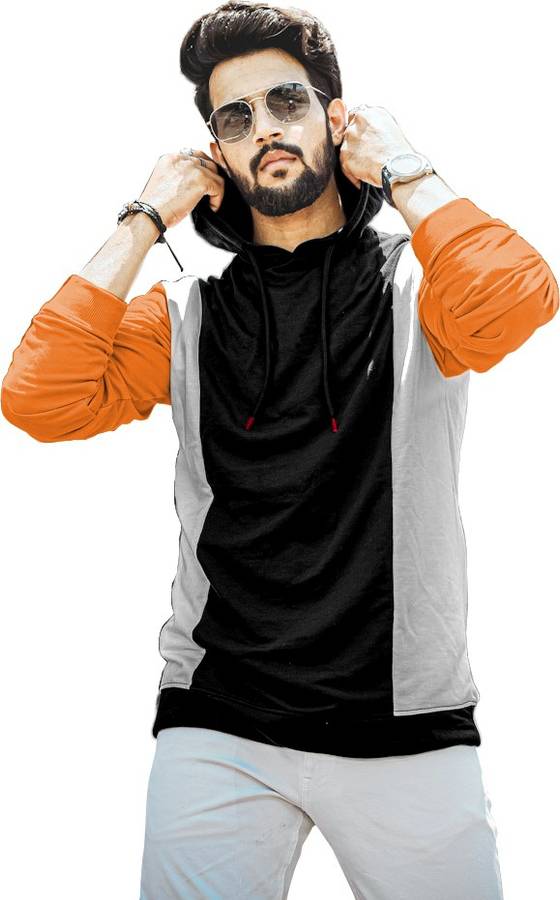 Solid Men Hooded Neck Orange, Black, White T-Shirt Price in India