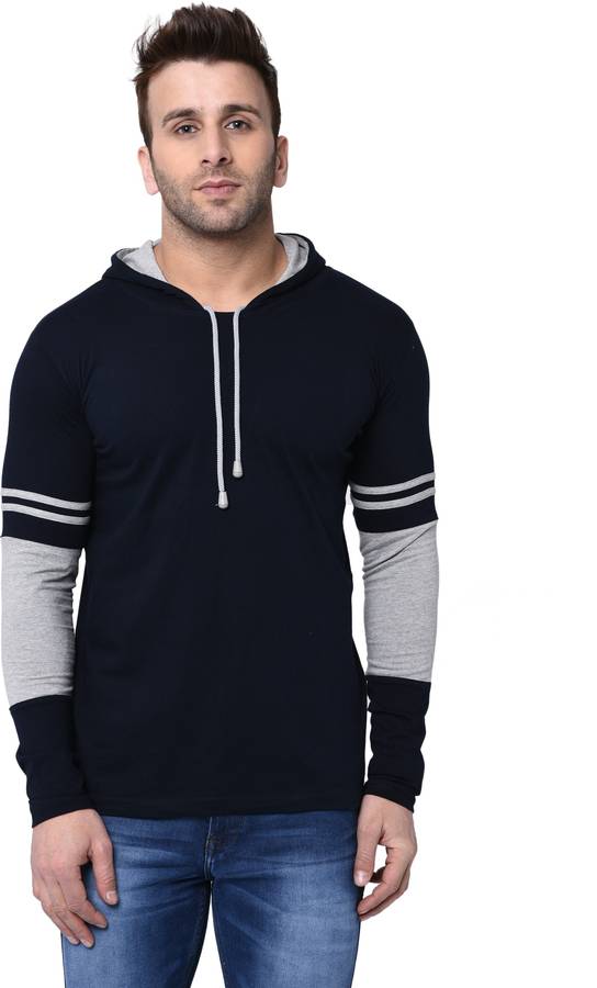 Striped Men Hooded Neck Blue, Grey T-Shirt