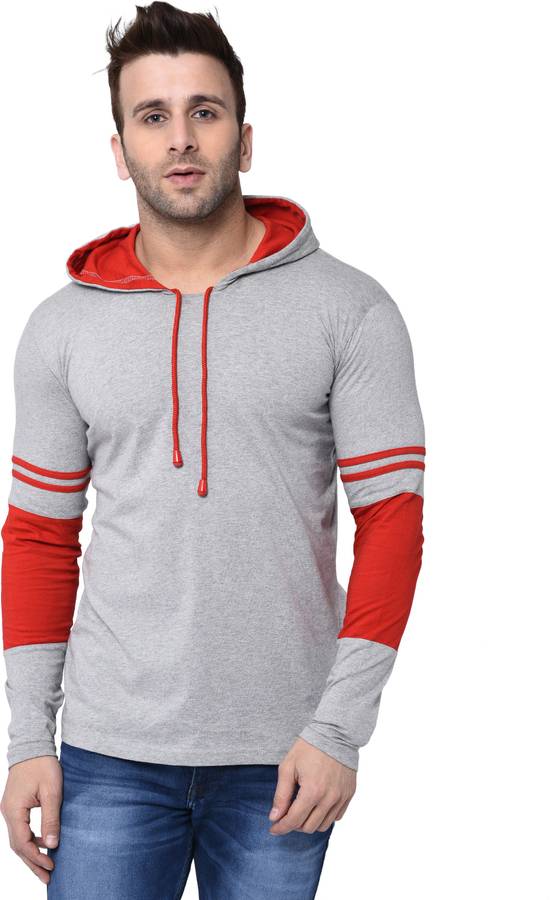 Striped Men Hooded Neck Red, Grey T-Shirt