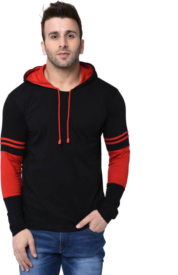 Striped Men Hooded Neck Red, Black T-Shirt Price in India