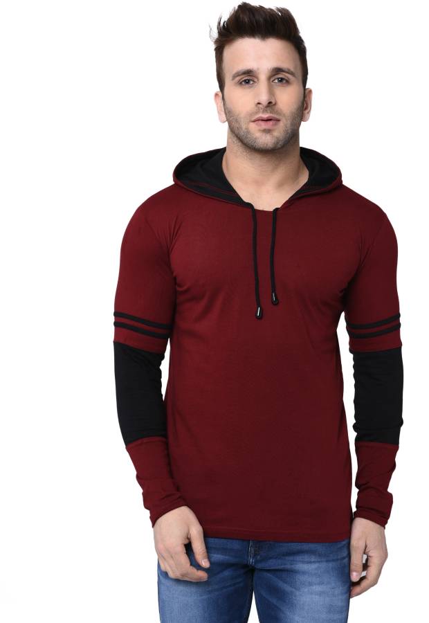 Color Block Men Hooded Neck Maroon T-Shirt Price in India