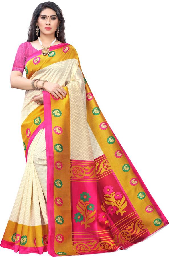 Printed, Geometric Print, Floral Print, Checkered Kanjivaram Cotton Silk Saree