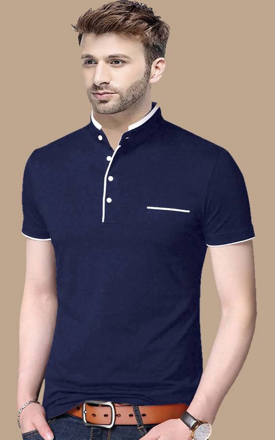 Solid Men Mandarin Collar Blue T-Shirt