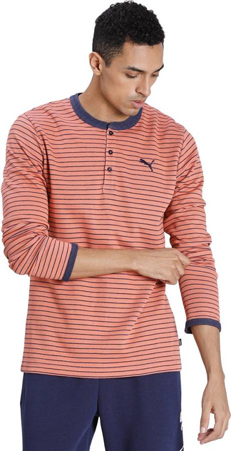 Striped Men Round Neck Orange T-Shirt Price in India