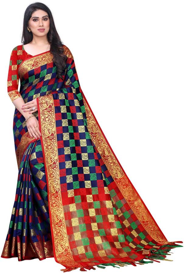 Checkered Kanjivaram Cotton Silk, Art Silk Saree