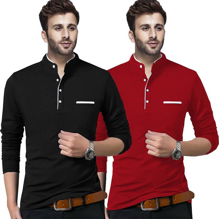 Solid Men Henley Neck Black, Red T-Shirt Price in India