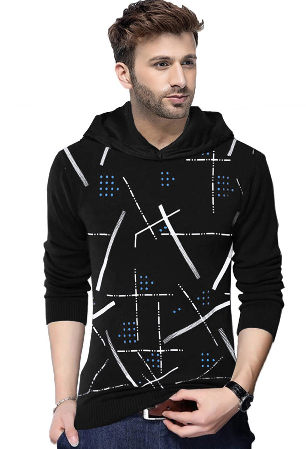 Printed Men Hooded Neck Black T-Shirt 