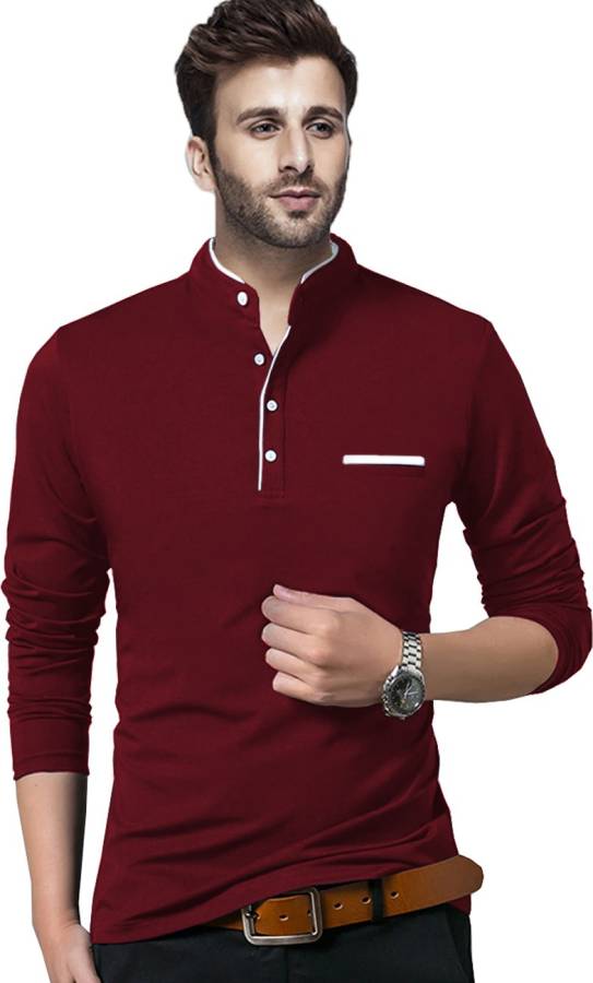 Solid Men Henley Neck Maroon T-Shirt Price in India