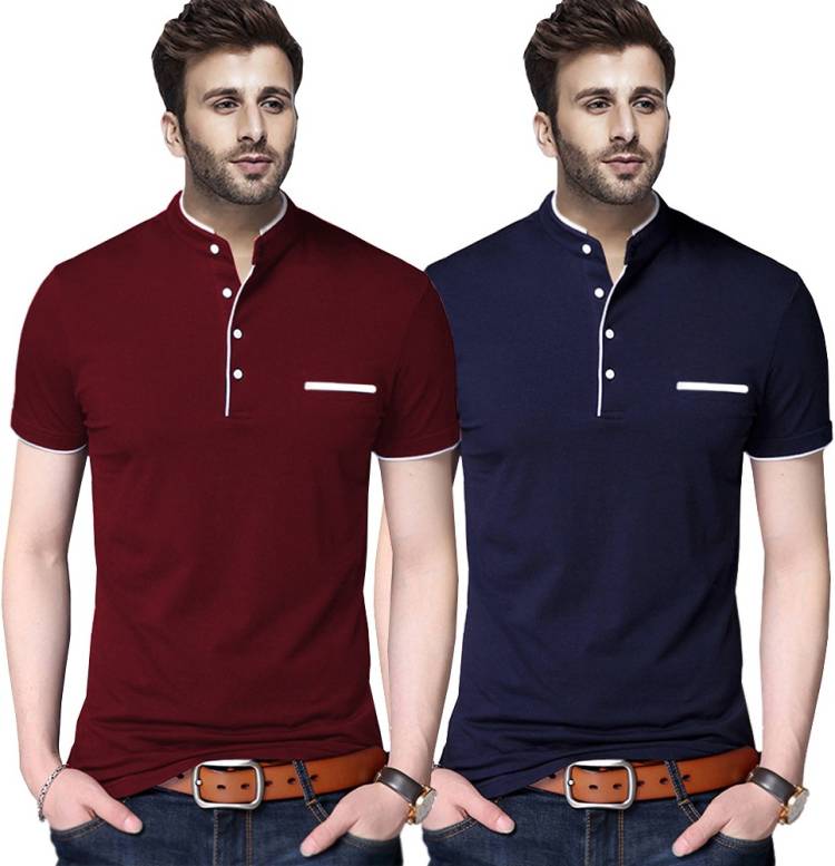 Solid Men Henley Neck Maroon, Dark Blue T-Shirt Price in India