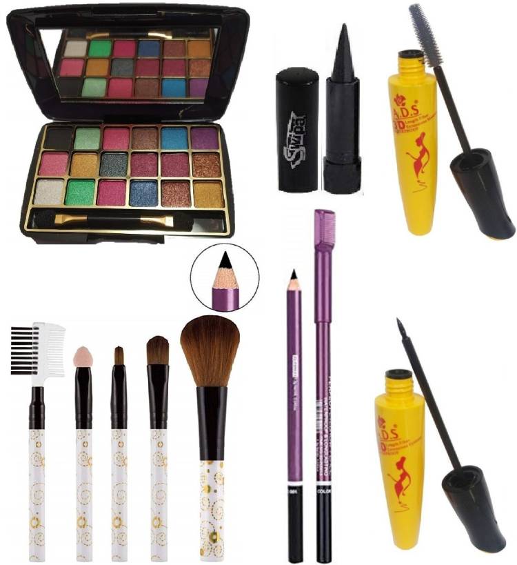 SWIPA Kajal,Black Eyebrow Pencil,5Pcs Makeup brush,18colour eyehadow,Eyeliner,Mascara Price in India