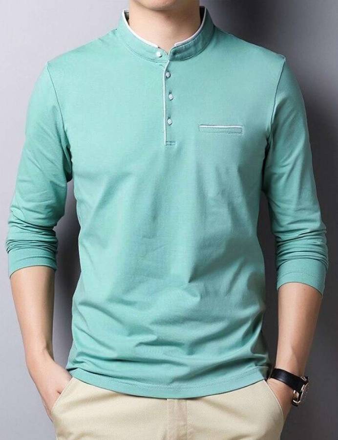 Solid Men Mandarin Collar Green T-Shirt Price in India