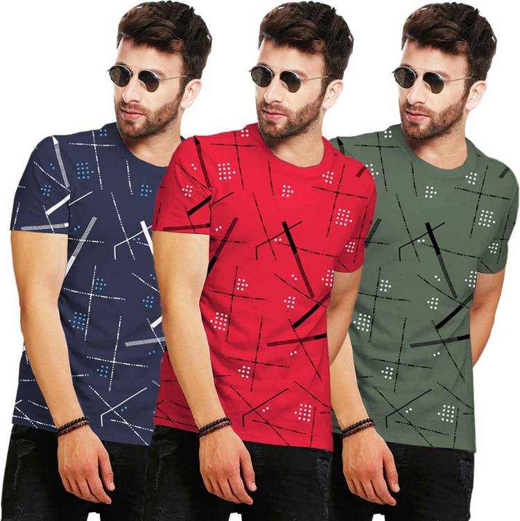 Printed Men Round Neck Dark Blue, Red, Green T-Shirt