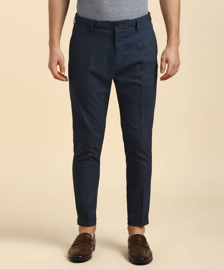 Regular Fit Men Dark Blue Polyester Viscose Blend Trousers