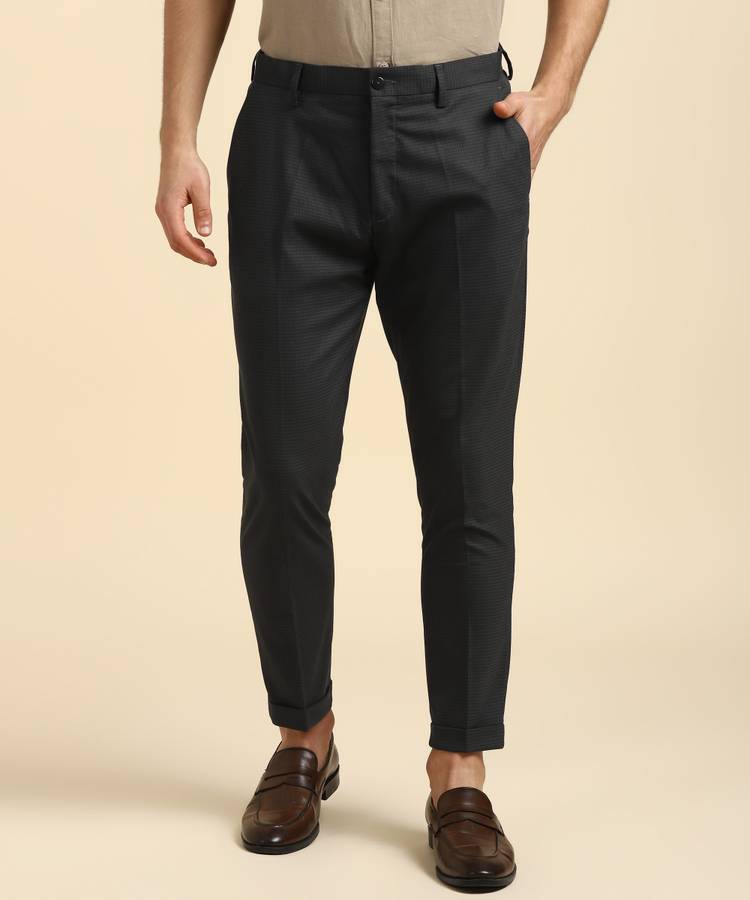 Regular Fit Men Black Polyester Viscose Blend Trousers