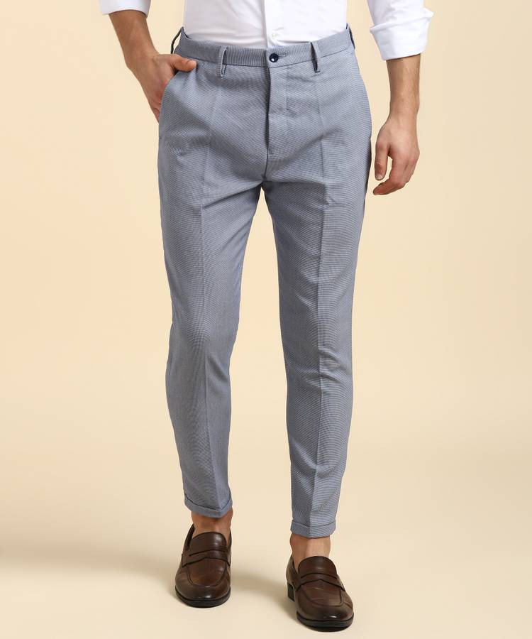 Regular Fit Men Light Blue Polyester Blend Trousers