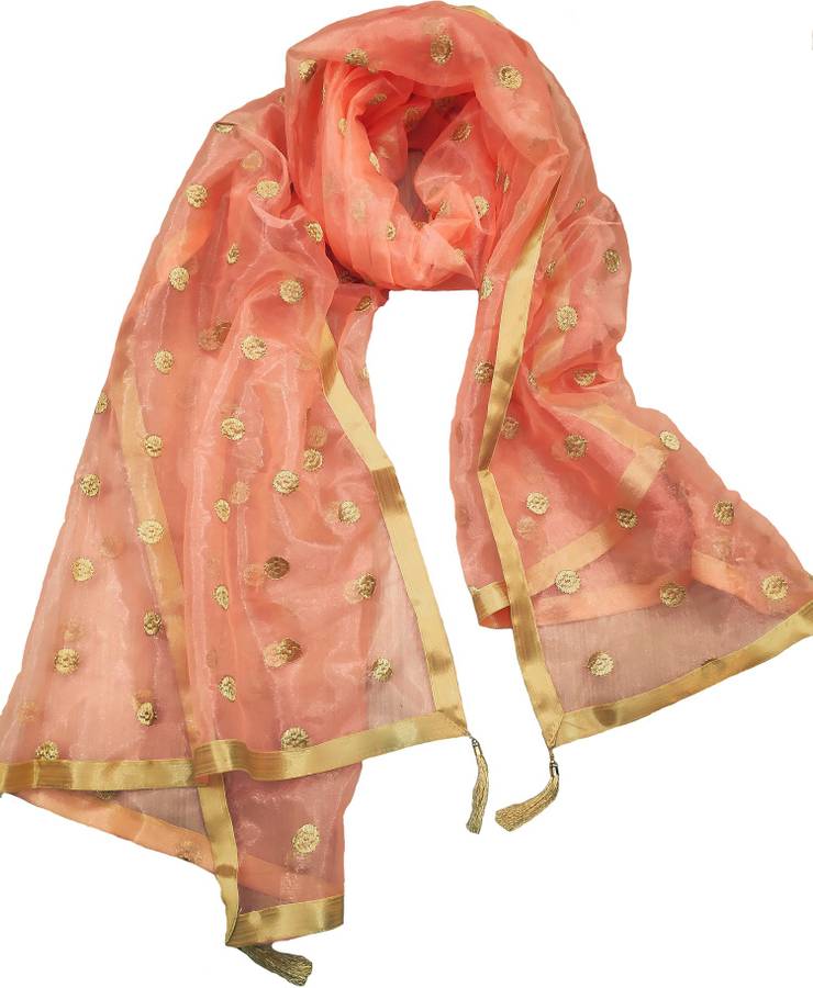 Net Embroidered Orange Women Dupatta