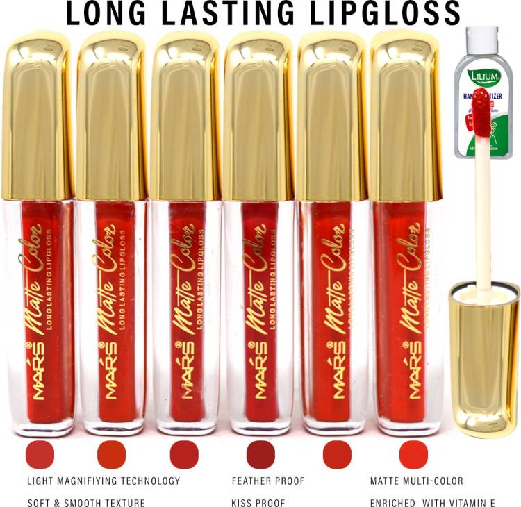 MARS Matte Color Long Lasting Lipgloss, 70026A, 3ml each Pack of 6 With Lilium Hand Cleanser Price in India