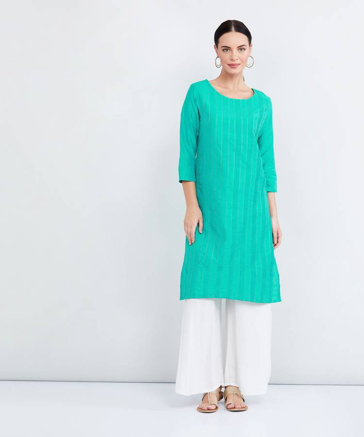 Women Textured Polyester Straight Kurta Price in India