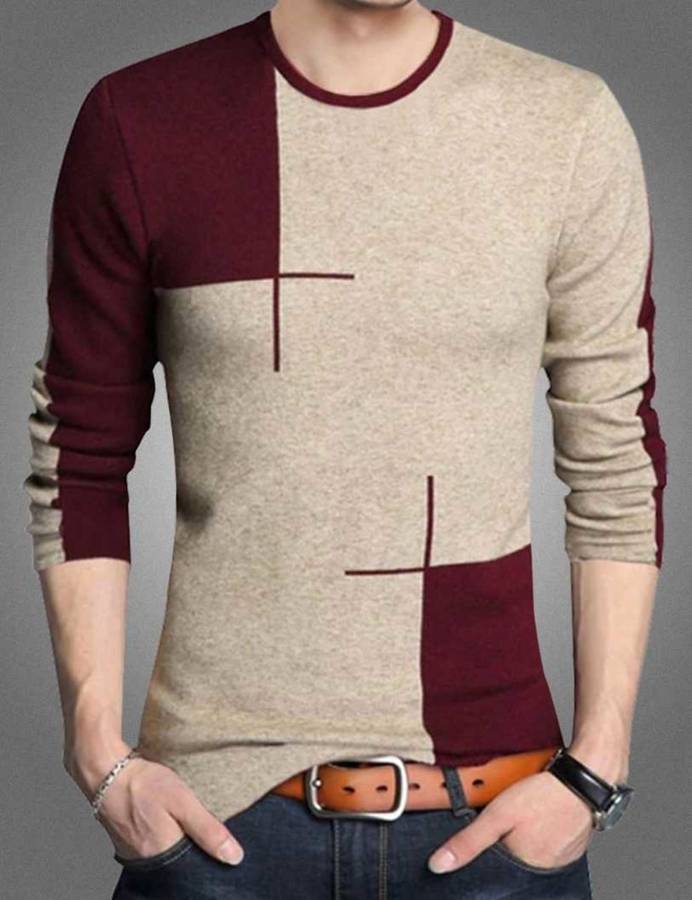 Color Block Men Round Neck Maroon T-Shirt