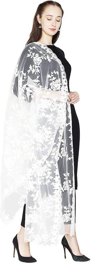 Net Embroidered, Woven White Women Dupatta