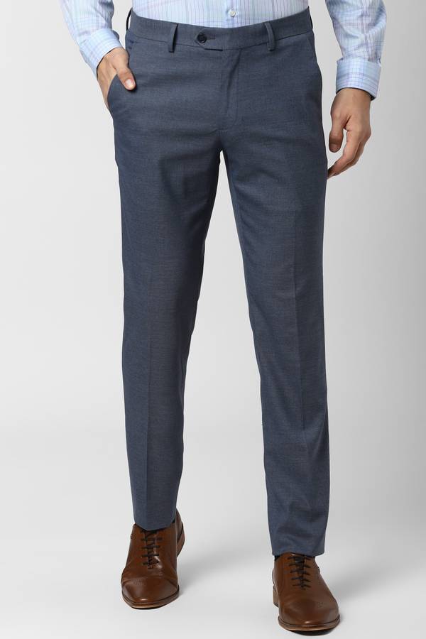 Slim Fit Men Blue Polyester Viscose Blend Trousers