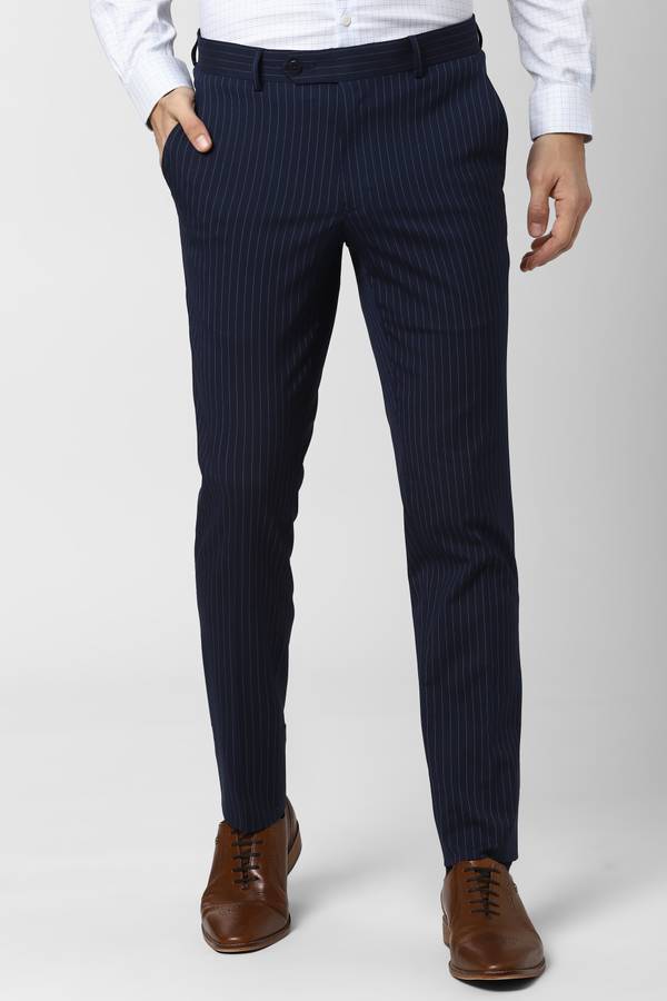 Slim Fit Men Dark Blue Polyester Viscose Blend Trousers