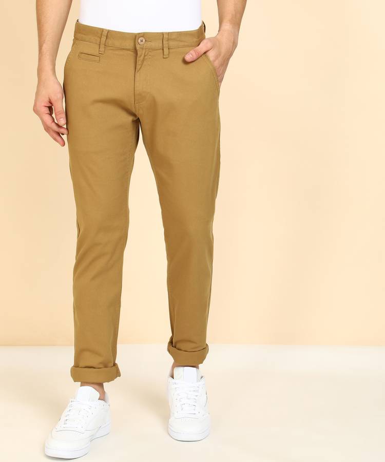 Slim Fit Men Yellow Cotton Blend Trousers