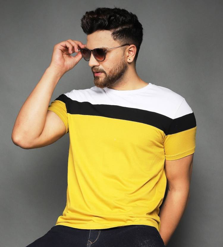 Color Block Men Round Neck Yellow T-Shirt Price in India