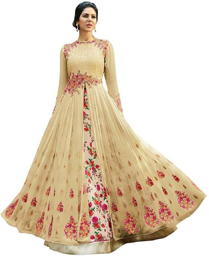 Faux Georgette Self Design, Embroidered Gown/Anarkali Kurta & Bottom Material Price in India