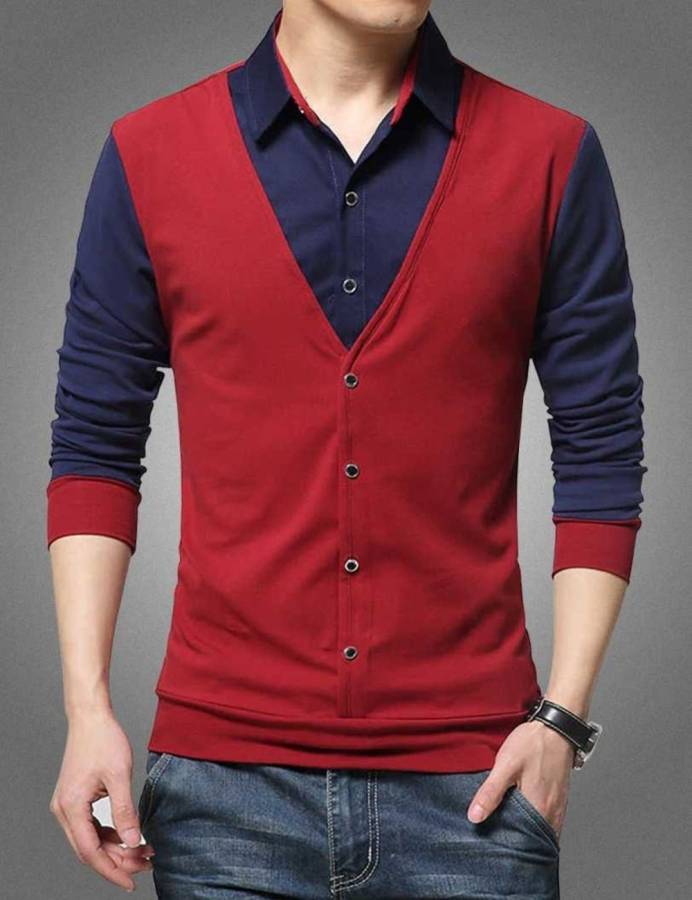 Solid Men Polo Neck Maroon, Blue T-Shirt Price in India