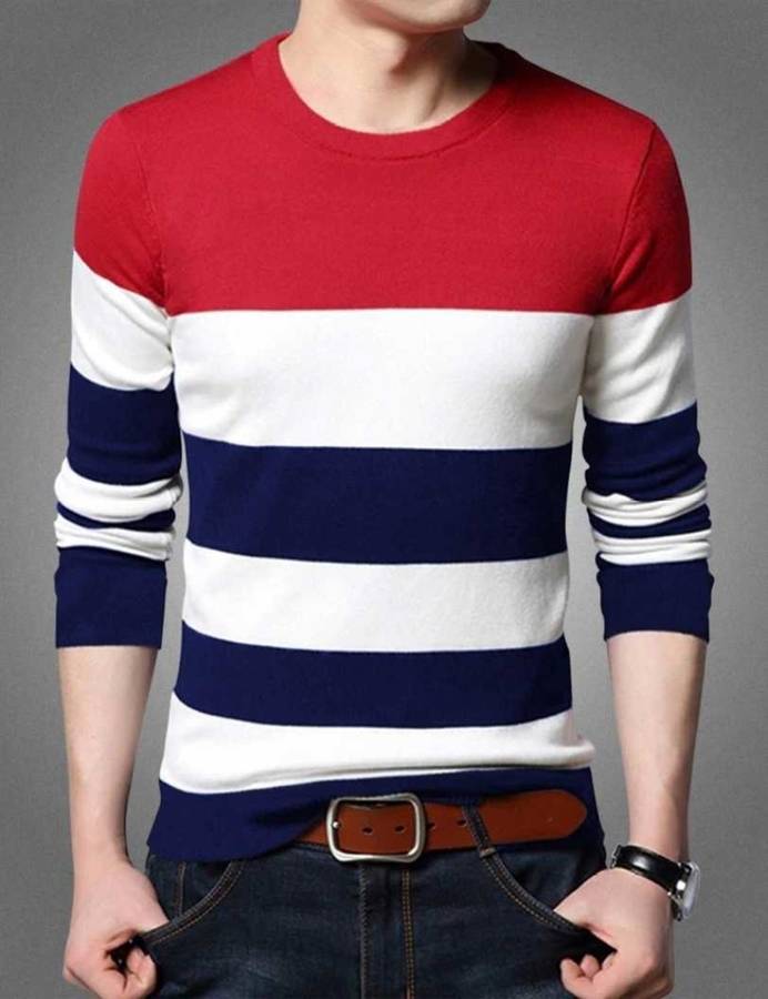 Color Block Men Round Neck Red T-Shirt